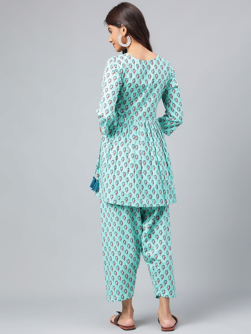 Janasya Women's Aqua Green Cotton Floral Ethinc Motif Printed Flared Casual Short Kurta Set | Grocsy