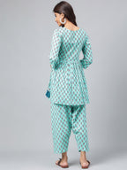 Janasya Women's Aqua Green Cotton Floral Ethinc Motif Printed Flared Casual Short Kurta Set | Grocsy
