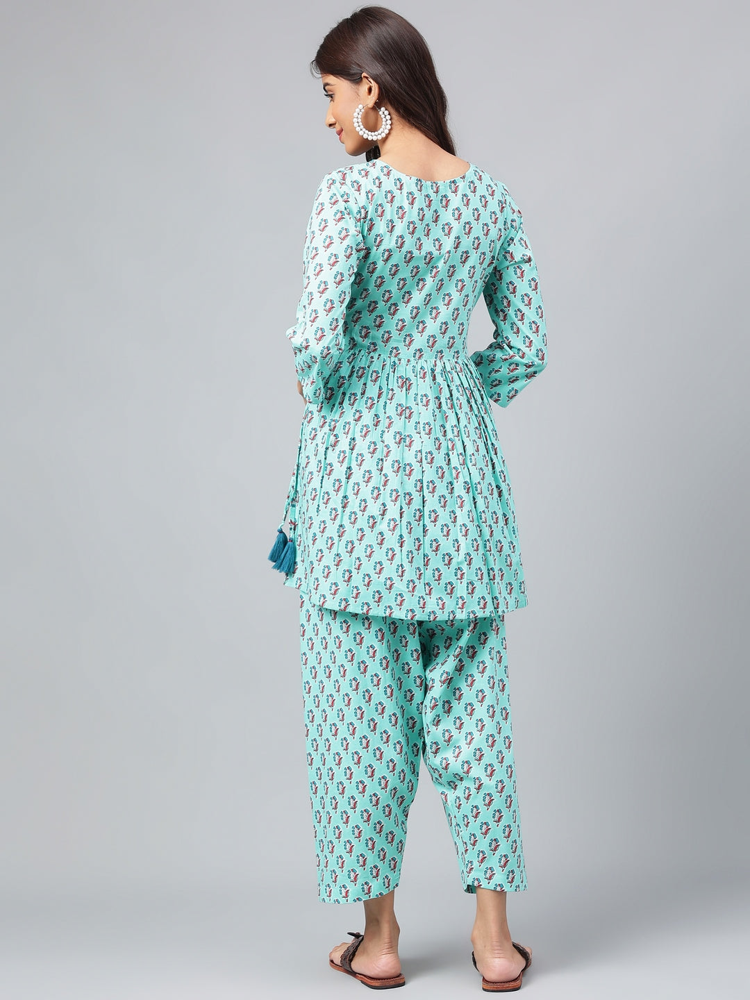 Janasya Women's Aqua Green Cotton Floral Ethinc Motif Printed Flared Casual Short Kurta Set | Grocsy