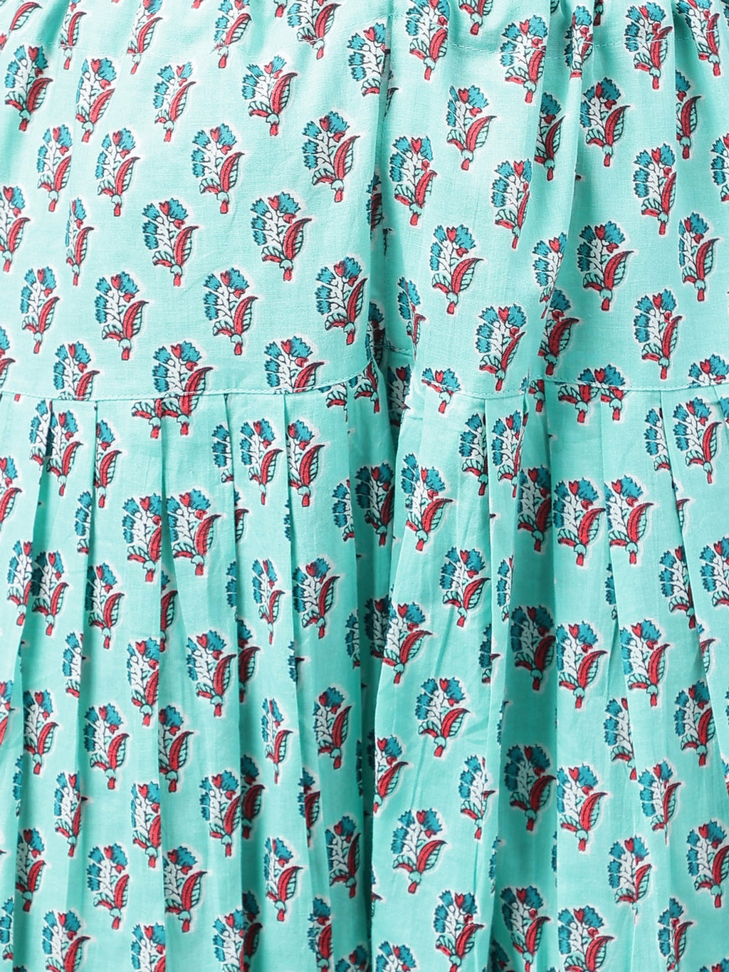 Janasya Women's Aqua Green Cotton Floral Ethinc Motif Printed Flared Casual Short Kurta Set | Grocsy