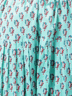 Janasya Women's Aqua Green Cotton Floral Ethinc Motif Printed Flared Casual Short Kurta Set | Grocsy