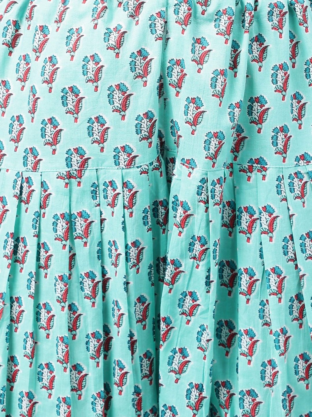 Janasya Women's Aqua Green Cotton Floral Ethinc Motif Printed Flared Casual Short Kurta Set | Grocsy