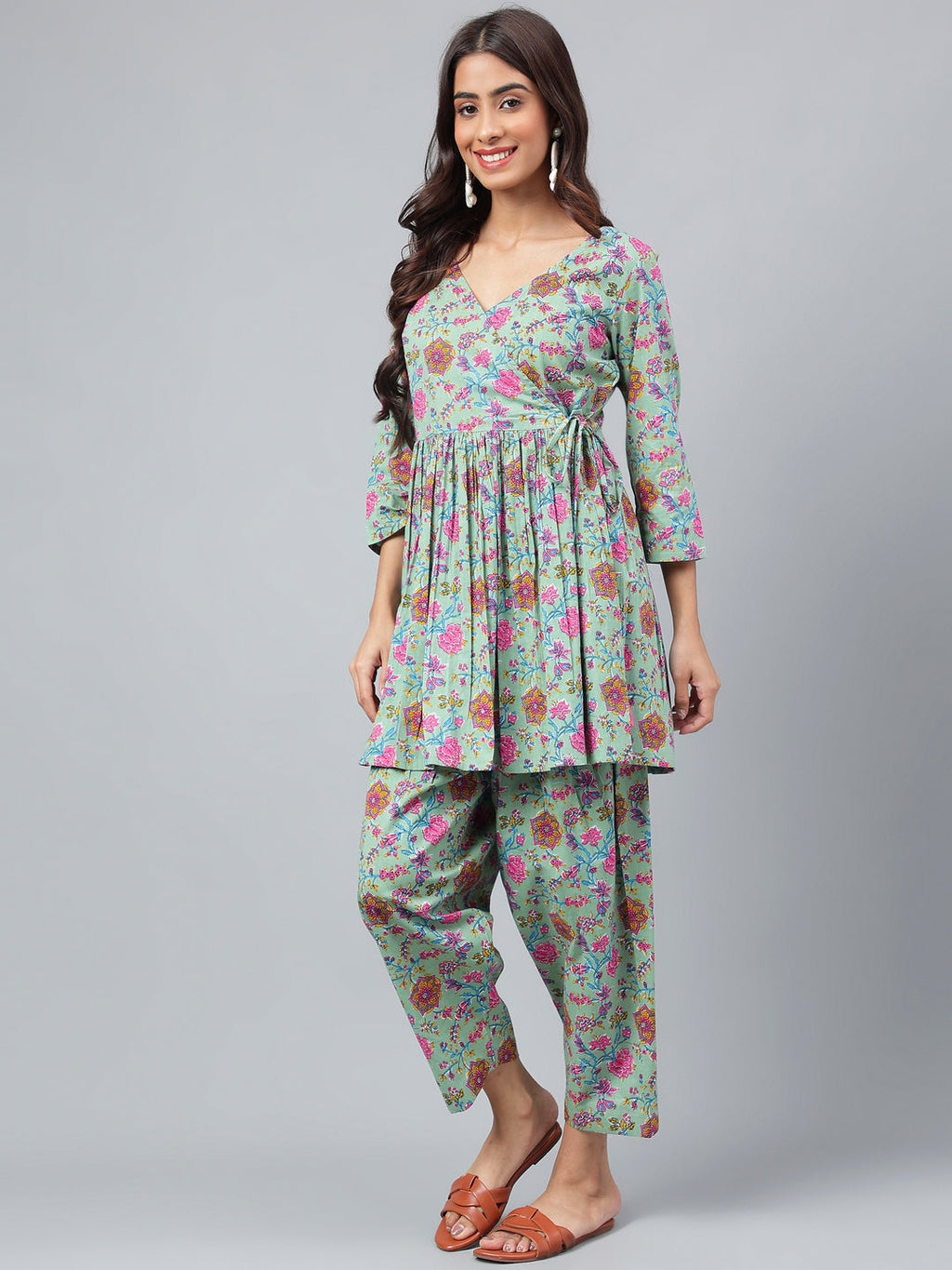 Janasya Women's Sage Green Cotton Floral Printed Flared Casual Short Kurta Set | Grocsy