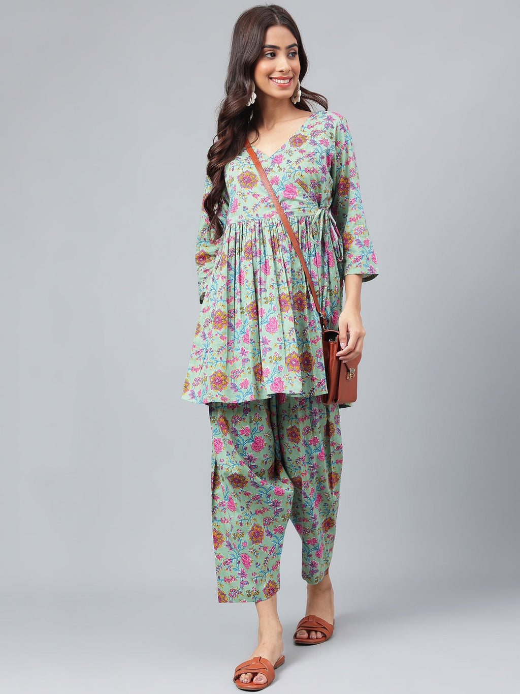 Janasya Women's Sage Green Cotton Floral Printed Flared Casual Short Kurta Set | Grocsy
