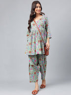 Janasya Women's Sage Green Cotton Floral Printed Flared Casual Short Kurta Set | Grocsy