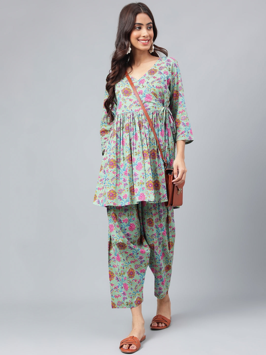 Janasya Women's Sage Green Cotton Floral Printed Flared Casual Short Kurta Set | Grocsy