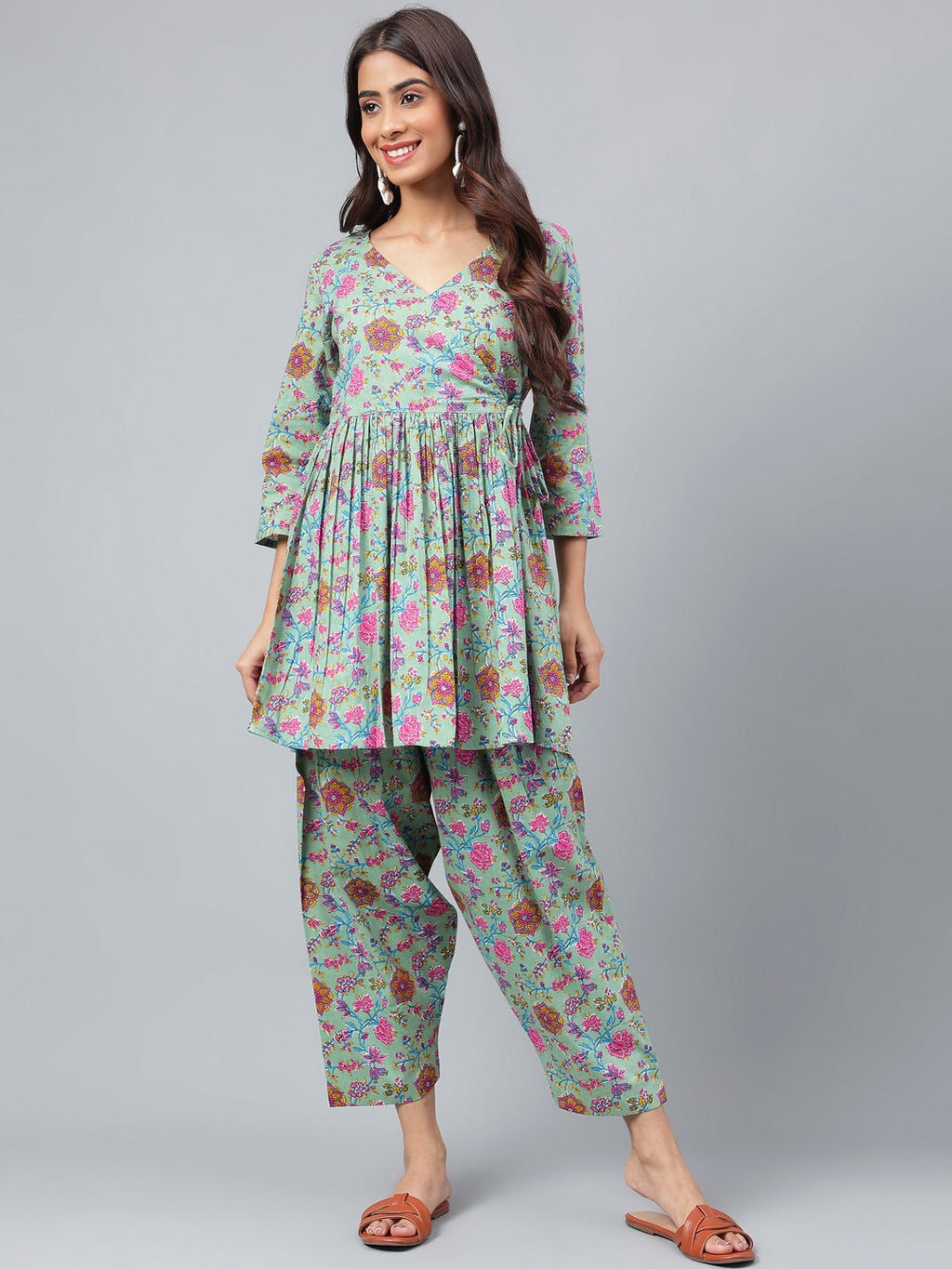 Janasya Women's Sage Green Cotton Floral Printed Flared Casual Short Kurta Set | Grocsy