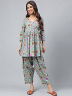 Janasya Women's Sage Green Cotton Floral Printed Flared Casual Short Kurta Set | Grocsy