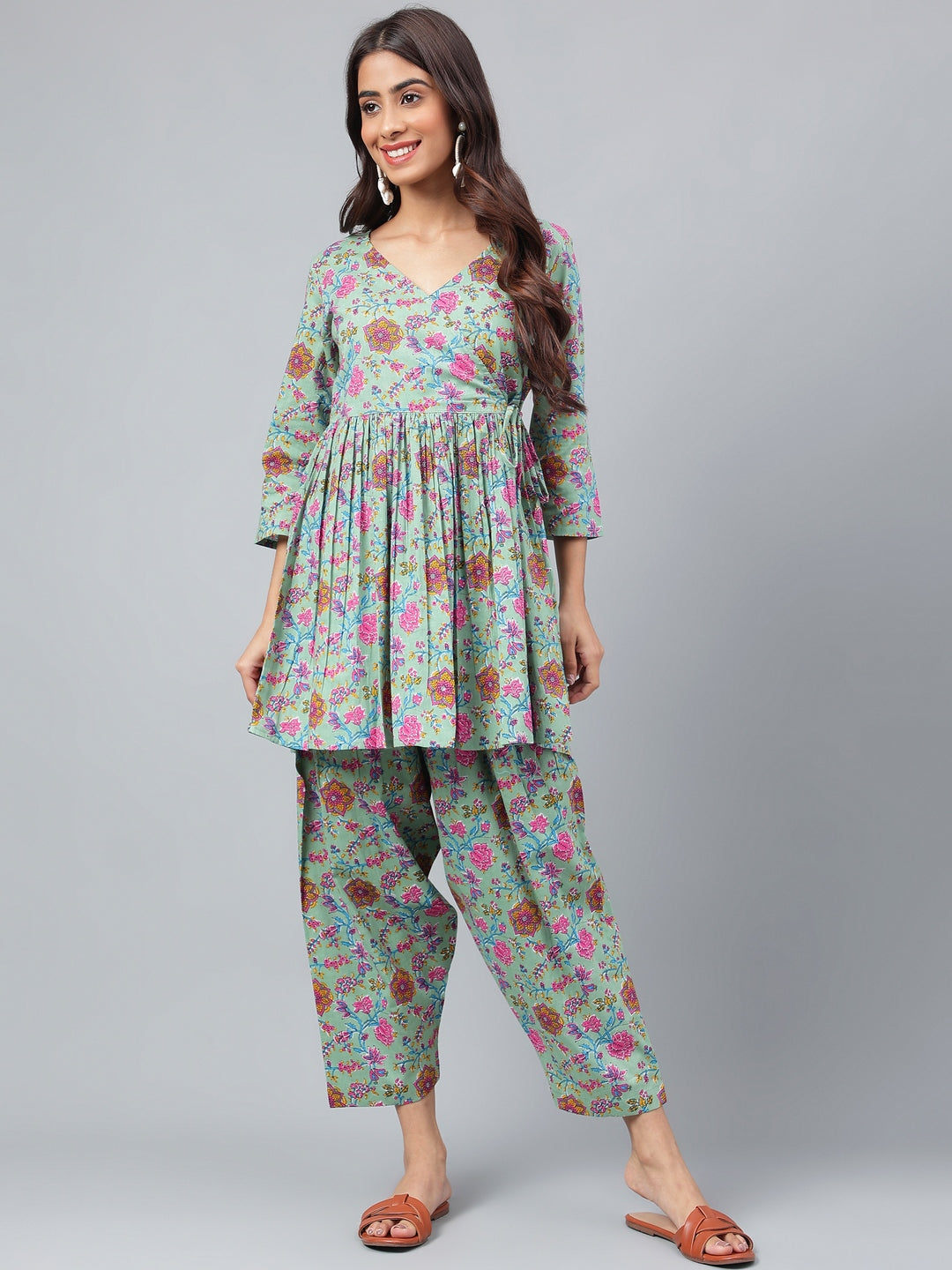 Janasya Women's Sage Green Cotton Floral Printed Flared Casual Short Kurta Set | Grocsy