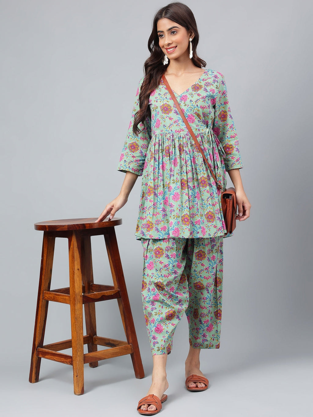 Janasya Women's Sage Green Cotton Floral Printed Flared Casual Short Kurta Set | Grocsy