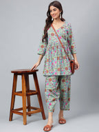 Janasya Women's Sage Green Cotton Floral Printed Flared Casual Short Kurta Set | Grocsy