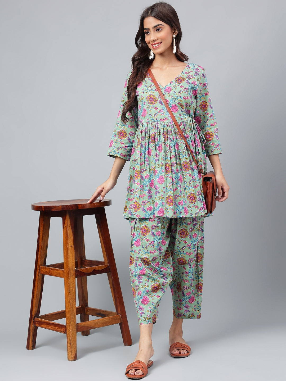 Janasya Women's Sage Green Cotton Floral Printed Flared Casual Short Kurta Set | Grocsy