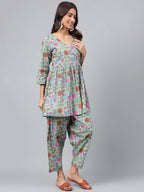 Janasya Women's Sage Green Cotton Floral Printed Flared Casual Short Kurta Set | Grocsy