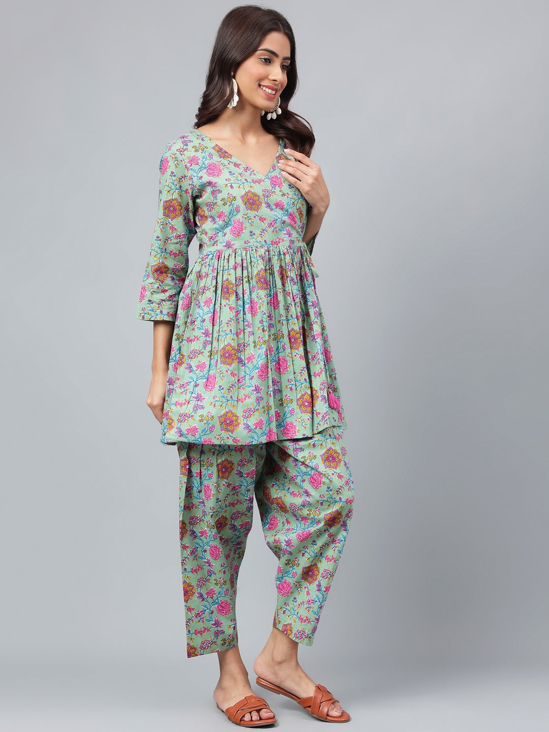 Janasya Women's Sage Green Cotton Floral Printed Flared Casual Short Kurta Set | Grocsy