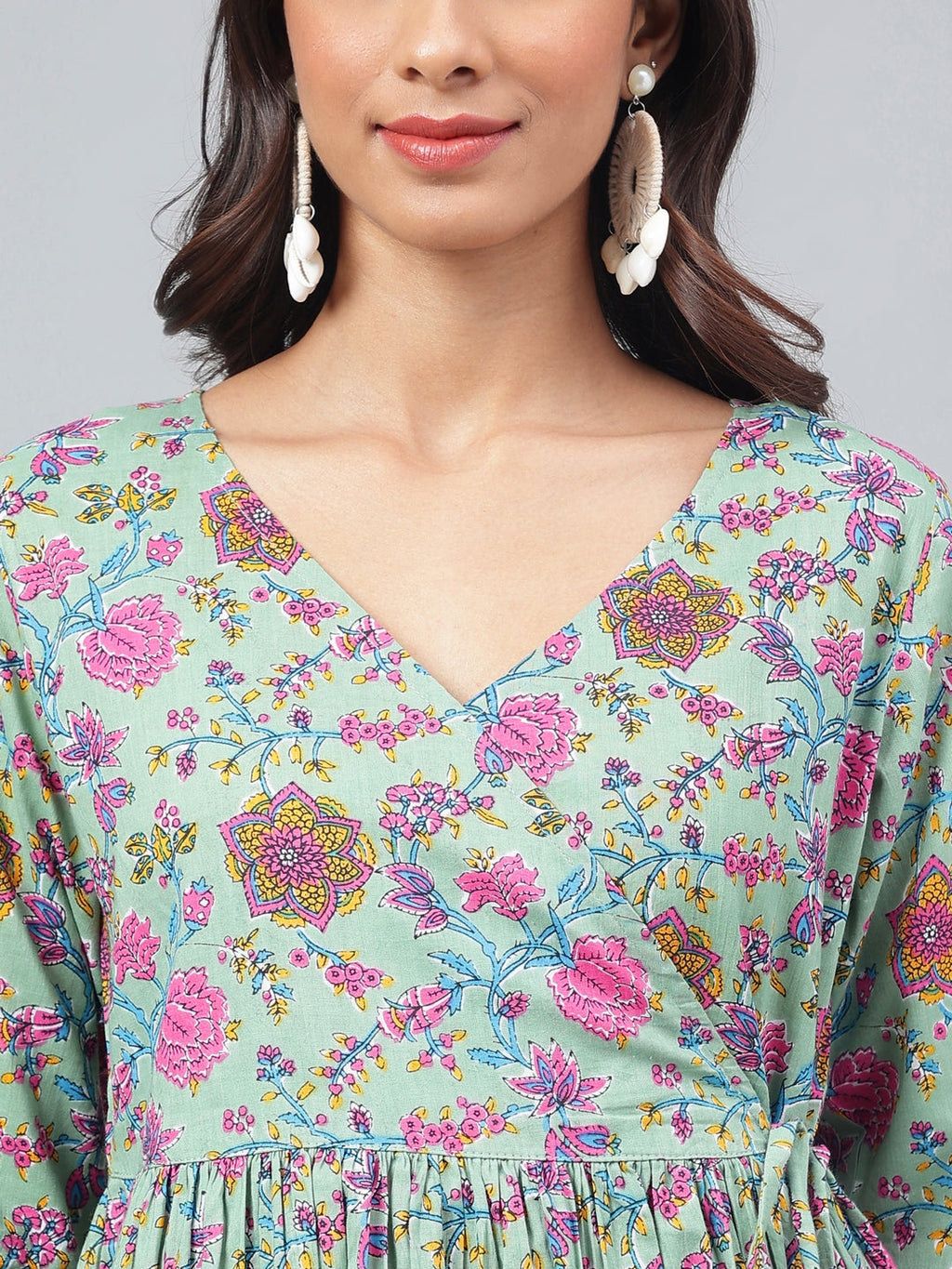 Janasya Women's Sage Green Cotton Floral Printed Flared Casual Short Kurta Set | Grocsy