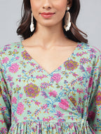 Janasya Women's Sage Green Cotton Floral Printed Flared Casual Short Kurta Set | Grocsy