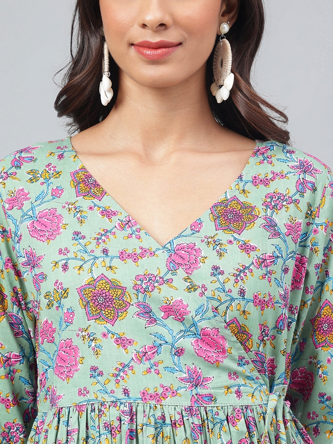 Janasya Women's Sage Green Cotton Floral Printed Flared Casual Short Kurta Set | Grocsy