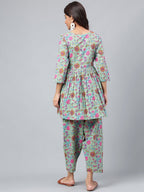 Janasya Women's Sage Green Cotton Floral Printed Flared Casual Short Kurta Set | Grocsy
