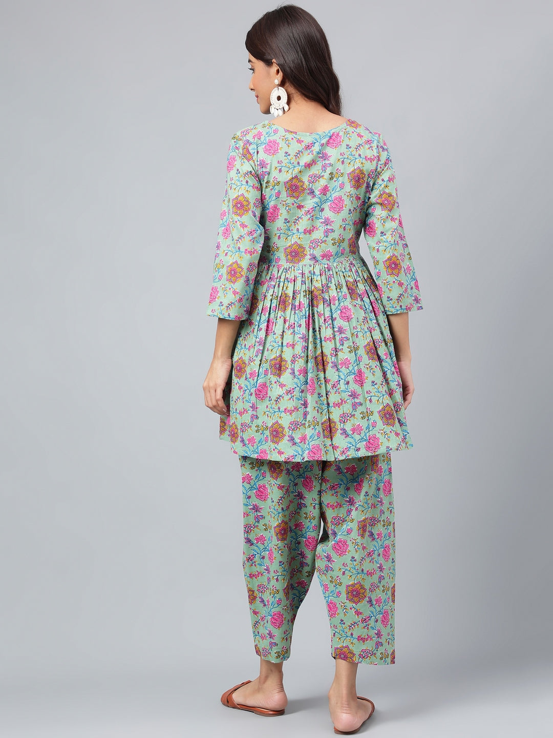 Janasya Women's Sage Green Cotton Floral Printed Flared Casual Short Kurta Set | Grocsy