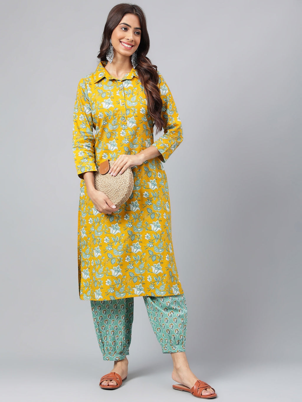 Janasya Women's Mustard Cotton Cambric Floral Printed Straight Casual Kurta Set | Grocsy