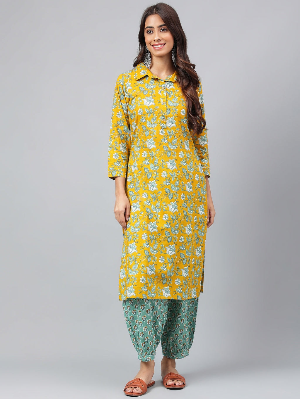 Janasya Women's Mustard Cotton Cambric Floral Printed Straight Casual Kurta Set | Grocsy