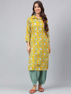Janasya Women's Mustard Cotton Cambric Floral Printed Straight Casual Kurta Set | Grocsy