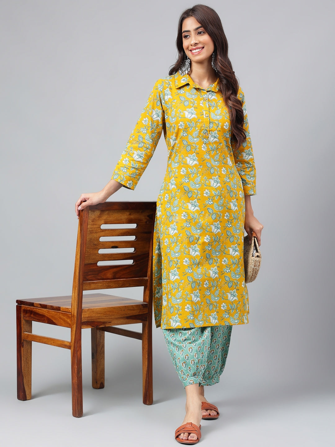 Janasya Women's Mustard Cotton Cambric Floral Printed Straight Casual Kurta Set | Grocsy