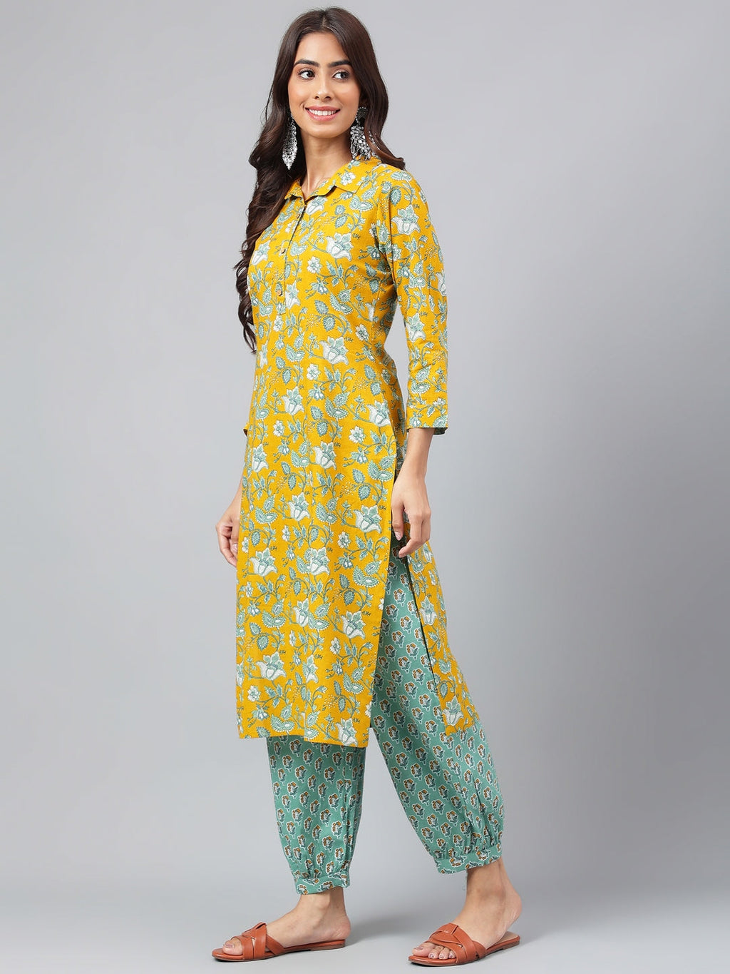 Janasya Women's Mustard Cotton Cambric Floral Printed Straight Casual Kurta Set | Grocsy
