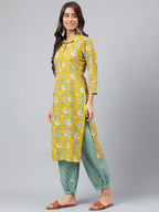 Janasya Women's Mustard Cotton Cambric Floral Printed Straight Casual Kurta Set | Grocsy