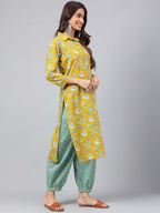 Janasya Women's Mustard Cotton Cambric Floral Printed Straight Casual Kurta Set | Grocsy