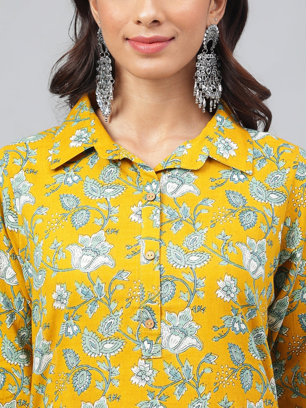 Janasya Women's Mustard Cotton Cambric Floral Printed Straight Casual Kurta Set | Grocsy