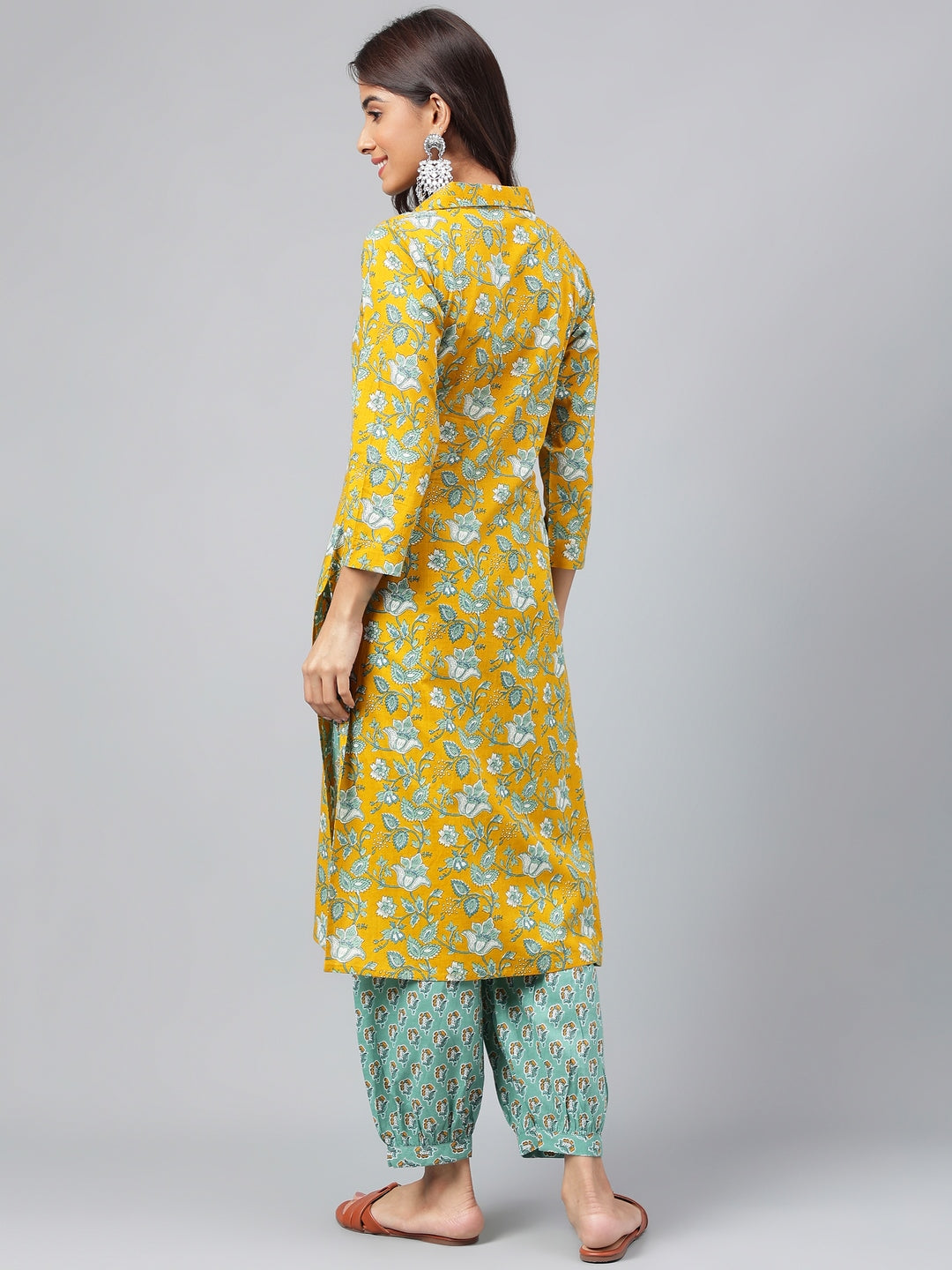 Janasya Women's Mustard Cotton Cambric Floral Printed Straight Casual Kurta Set | Grocsy