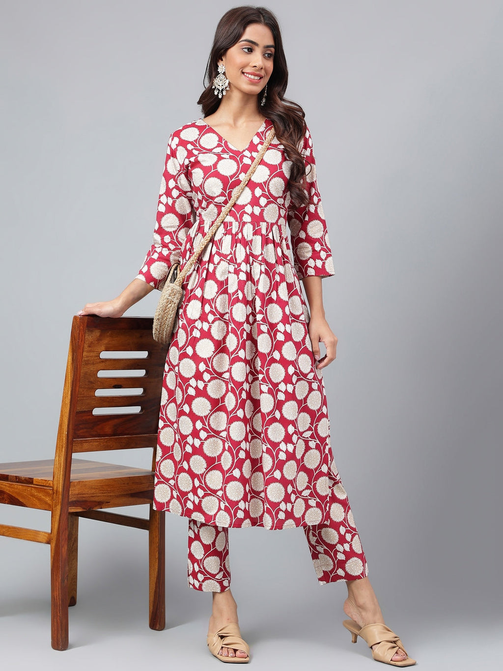 Janasya Women's Maroon Cotton Floral Printed Gathered Casual Kurta Set | Grocsy