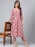 Janasya Women's Maroon Cotton Floral Printed Gathered Casual Kurta Set | Grocsy