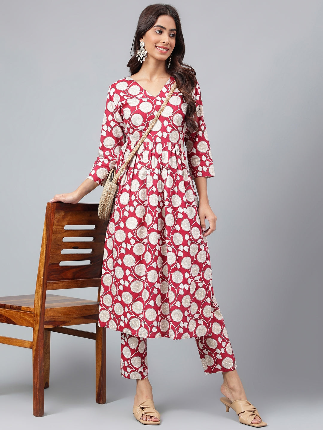 Janasya Women's Maroon Cotton Floral Printed Gathered Casual Kurta Set | Grocsy