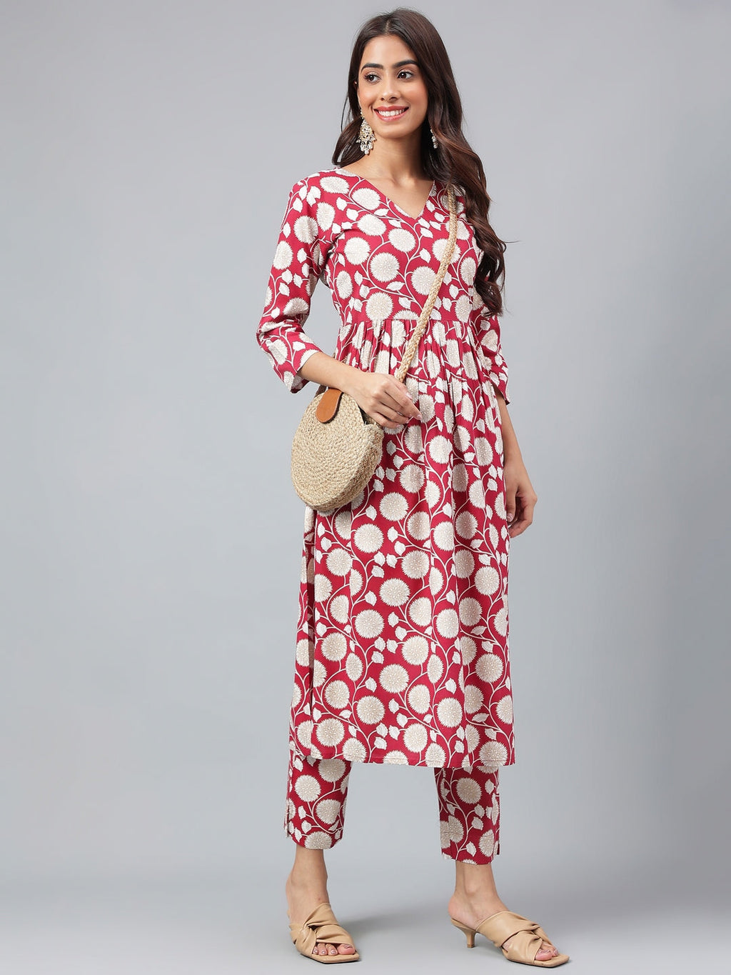 Janasya Women's Maroon Cotton Floral Printed Gathered Casual Kurta Set | Grocsy