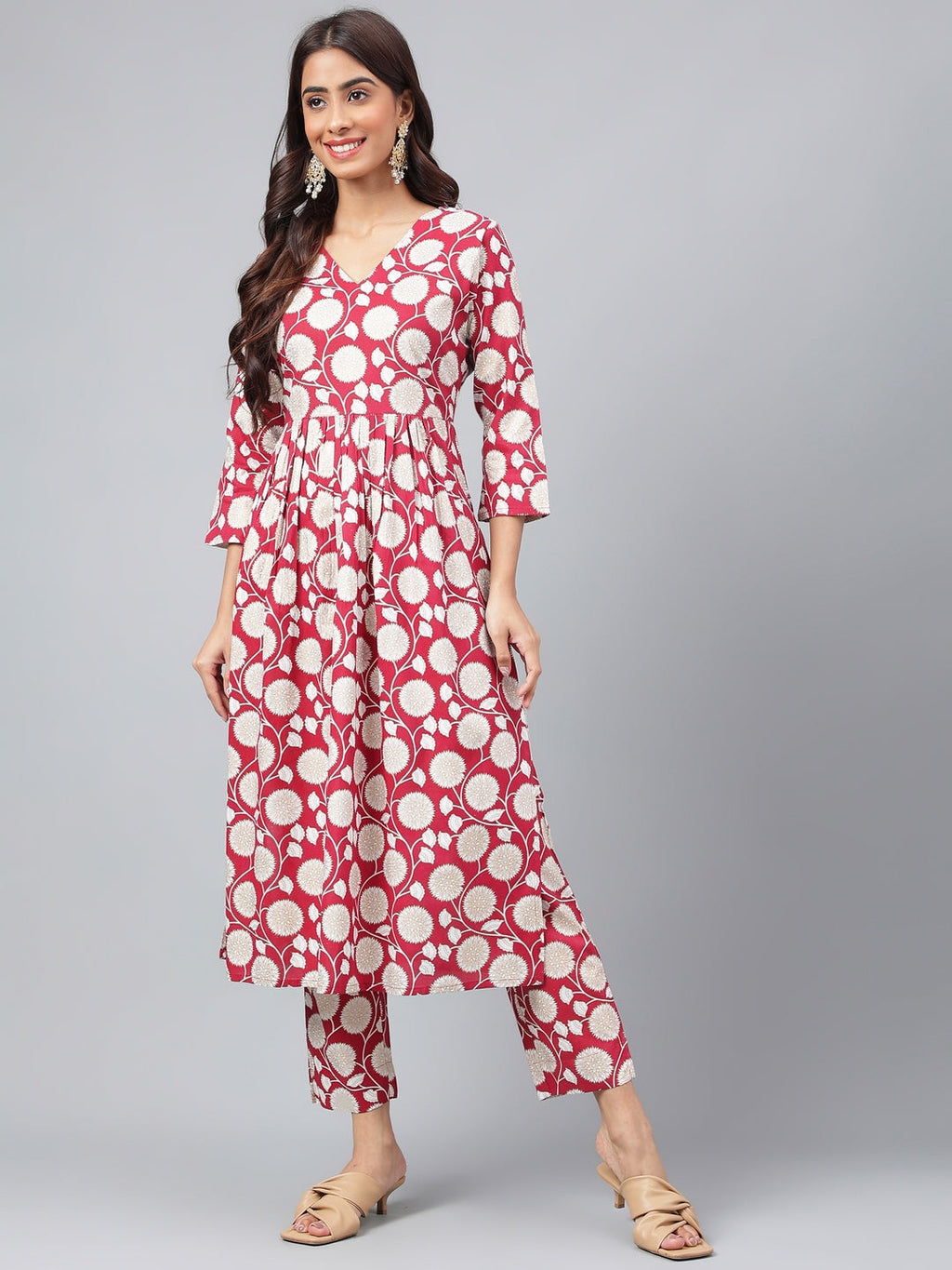 Janasya Women's Maroon Cotton Floral Printed Gathered Casual Kurta Set | Grocsy