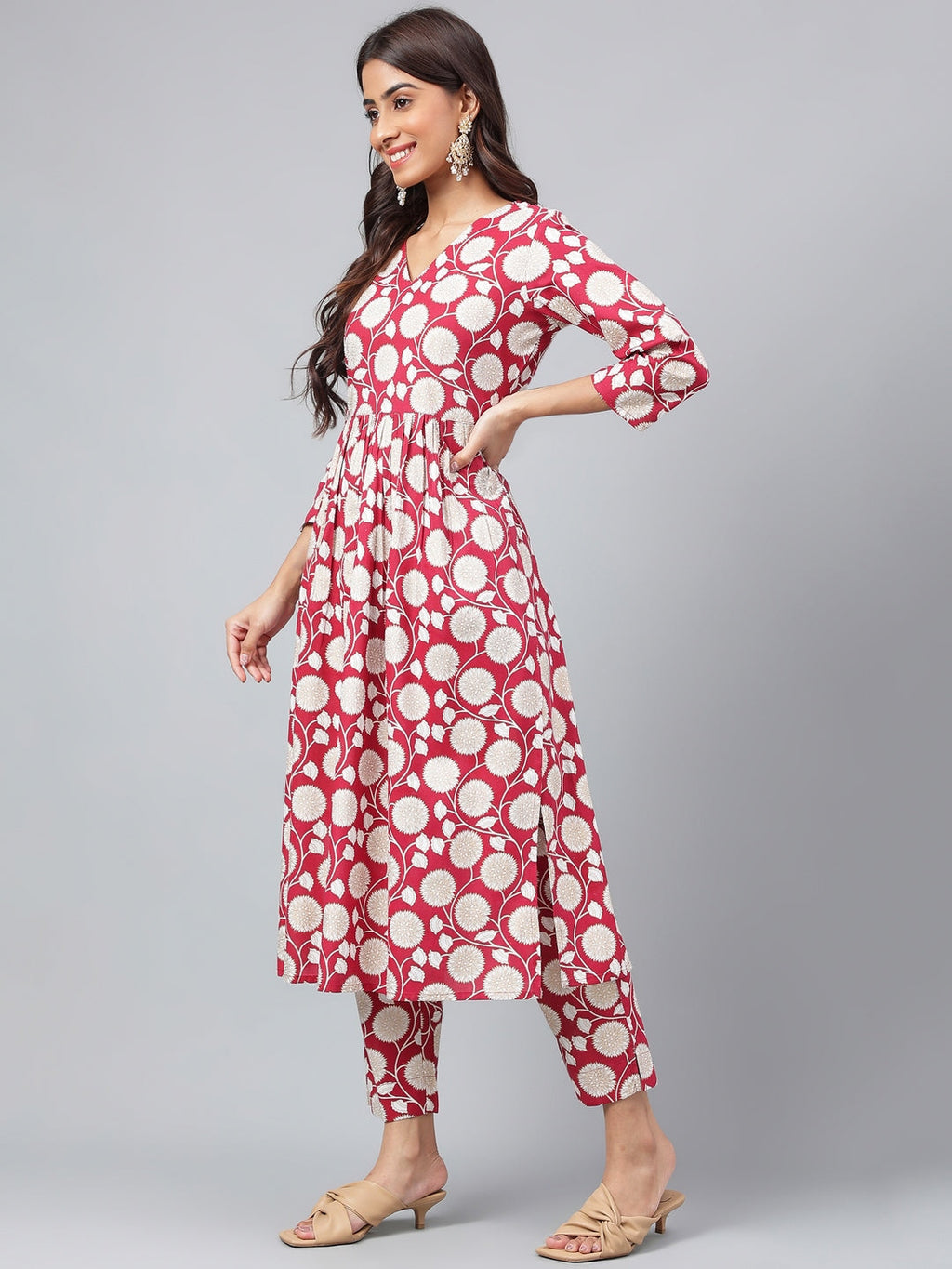 Janasya Women's Maroon Cotton Floral Printed Gathered Casual Kurta Set | Grocsy