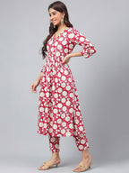 Janasya Women's Maroon Cotton Floral Printed Gathered Casual Kurta Set | Grocsy
