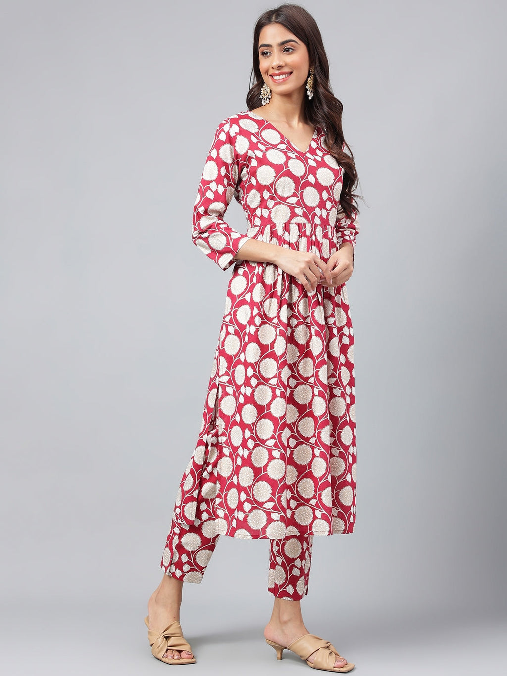 Janasya Women's Maroon Cotton Floral Printed Gathered Casual Kurta Set | Grocsy
