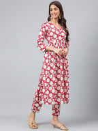 Janasya Women's Maroon Cotton Floral Printed Gathered Casual Kurta Set | Grocsy