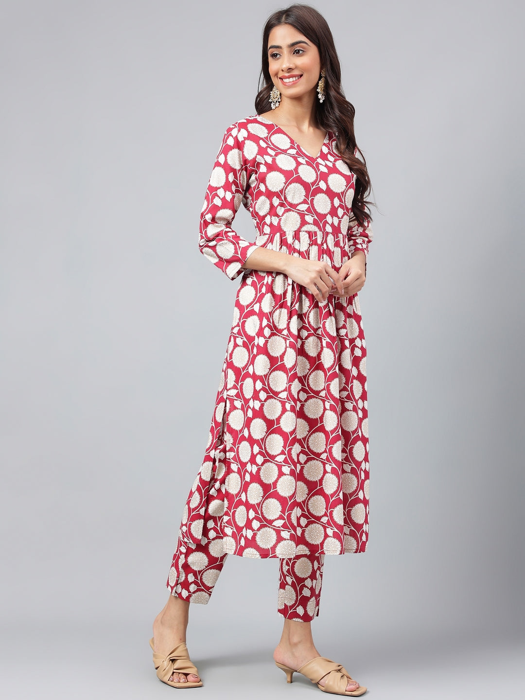 Janasya Women's Maroon Cotton Floral Printed Gathered Casual Kurta Set | Grocsy