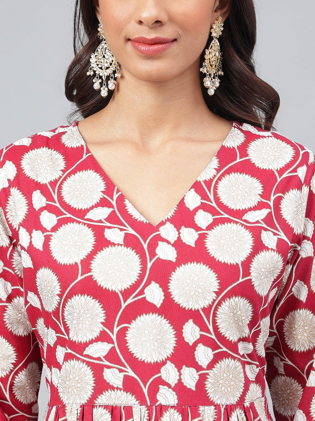 Janasya Women's Maroon Cotton Floral Printed Gathered Casual Kurta Set | Grocsy