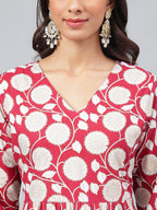 Janasya Women's Maroon Cotton Floral Printed Gathered Casual Kurta Set | Grocsy