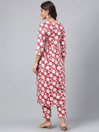Janasya Women's Maroon Cotton Floral Printed Gathered Casual Kurta Set | Grocsy