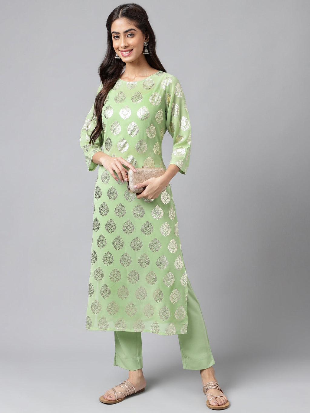Indian Clothing Janasya Women's Light Green Georgette Foil Printed Straight Festive Kurta Set | Grocsy