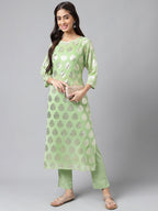 Indian Clothing Janasya Women's Light Green Georgette Foil Printed Straight Festive Kurta Set | Grocsy