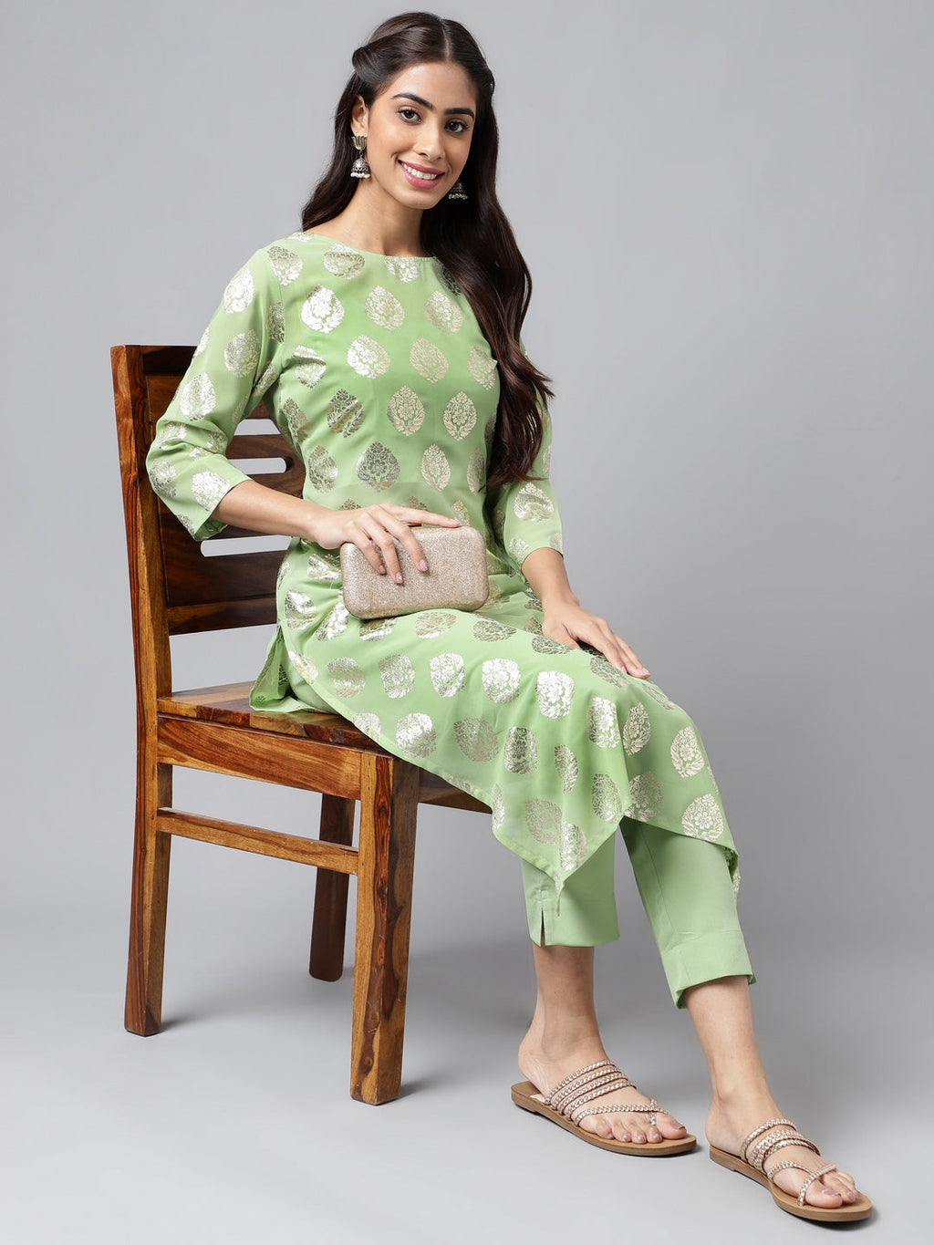 Indian Clothing Janasya Women's Light Green Georgette Foil Printed Straight Festive Kurta Set | Grocsy