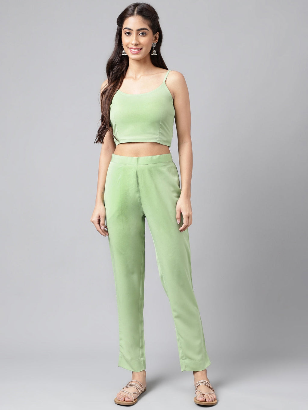 Indian Clothing Janasya Women's Light Green Georgette Foil Printed Straight Festive Kurta Set | Grocsy