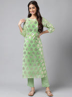 Indian Clothing Janasya Women's Light Green Georgette Foil Printed Straight Festive Kurta Set | Grocsy